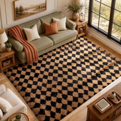 Ophanie 8x10 Black & Beige Diamond Checkered Rugs by Ophanie