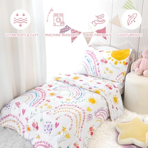 Pea Pod Toddler Bedding Set for Girls, 4 Piece Soft & Breathable Rainbow & Sun - Image 7