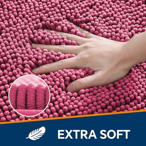 Chenille Bathroom Rug 17"x24" Hot Pink, Non-Slip Plush Bath Mat - Image 3