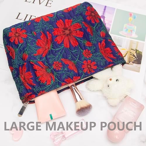 Flat Makeup Bag for Women, Zipper Cosmetic Pouch for Purse, Brocade Navy Blue - Image 5