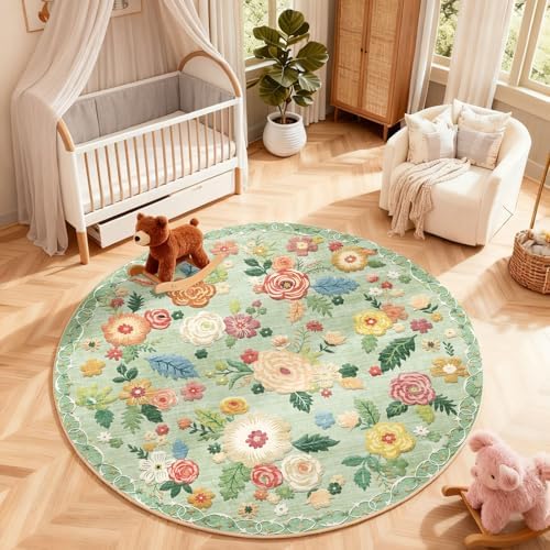 4ft Washable Round Rugs for Bedroom: Circle Living Room Rug Vintage Non Slip - Image 5