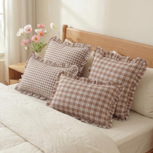 Set of 2 Ruffle Plaid Pillow Covers 18x18 Inch Cotton Brown and White Checkered - Image 4