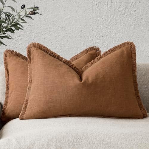 Foindtower Boho Linen Fringe Lumbar Throw Pillow Covers 12×20 Orange Brown by Foindtower