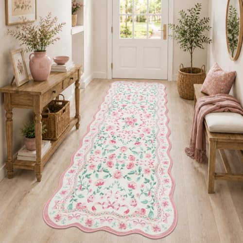 Rugalia Bow Floral Washable Runner Rug, 2x6 Pink Rug Runners by Rugalia