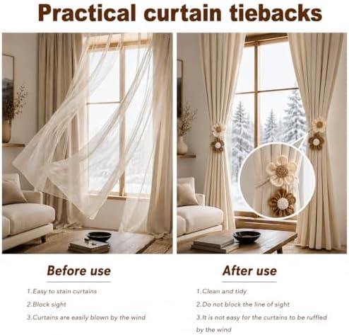 2 Pack Boho Curtain Tiebacks, Adjustable Linen Cotton Flower Holdbacks - Image 5