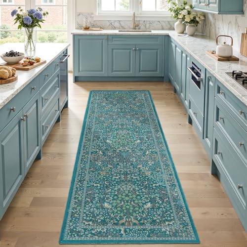 Whimsical Teal 2x6 Runner Rug for Entryway, Low Pile Ultra Thin Boho Kitchen - Image 3
