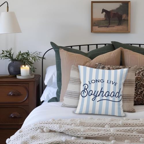 Boys Room Decor Pillow Covers 18x18, Long Live Boyhood Blue Striped Decorative - Image 3