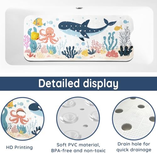 LNOND Bath Mat for Tub for Kids, Toddler Bathtub mat Non Slip, Whales and Coral - Image 3