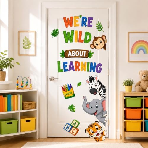 Animal Door Stickers PVC Jungle Animal Door Decals Tiger Elephant Giraffe Wild by clothmile