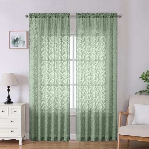 Lecloud Leia Sage Green Sheer Curtains 90 Inches Long 2 Panels, Airy Voile by Lecloud