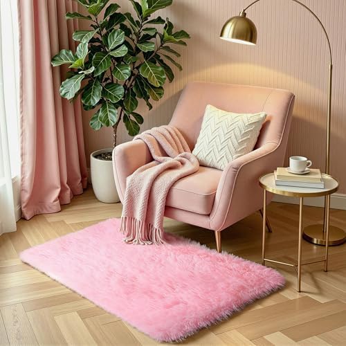 Pink Fluffy Shag Rug, Machine Washable Non Slip Kids Throw Carpet - Image 6