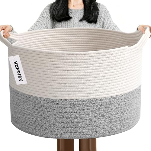 115L Extra Large Blanket Basket, Woven Laundry Basket-White&Grey by HZFTJOY