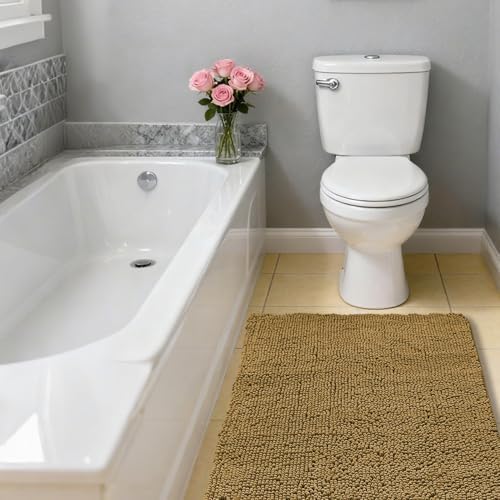 Chenille Bathroom Rug 26"x44" Tan, Non-Slip Plush Bath Mat - Image 7