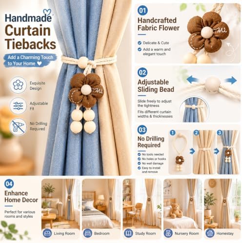 Brown Flower Curtain Tiebacks 2 Pack, Adjustable No-Drill Curtain Ties - Image 3