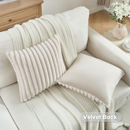 FUTEI Pack of 2 Faux Fur Throw Pillow Covers 22x22 Inch, Light Beige - Image 4