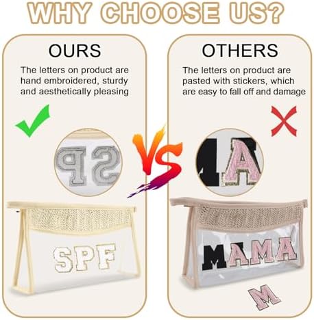 Iqimott Boho Patch SPF Bag Clear Makeup Letter Bag, Waterproof Zipper Make up - Image 4