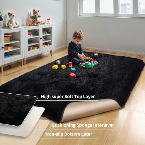 5x7 Thick Black Shag Rug for Bedroom, Soft Plush Fluffy Carpet - Image 4