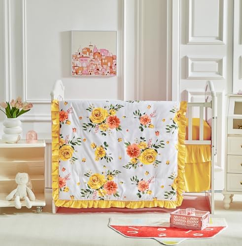 3 Pieces Flowers Crib Bedding Set Baby Ruffled Quilted Comforter by Uozzi+Bedding