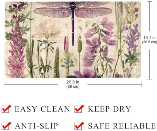 Bathtub Mat Non Slip 26.8x15.1In, Dragonfly Botanical Wildflower Bath Mat - Image 4