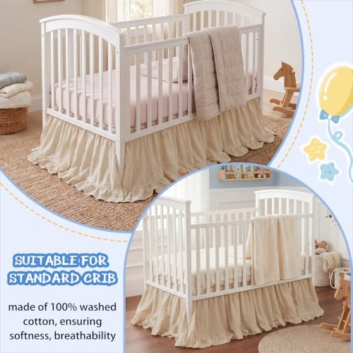 Hahafelt Beige Crib Skirt for Baby Girls Boys, 100% Washed Cotton Bed Skirt - Image 5