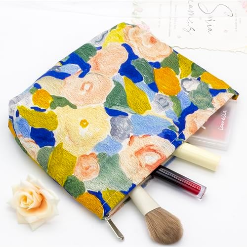 Flat Makeup Bag for Women, Zipper Cosmetic Pouch for Purse, Garden Blue - Image 3