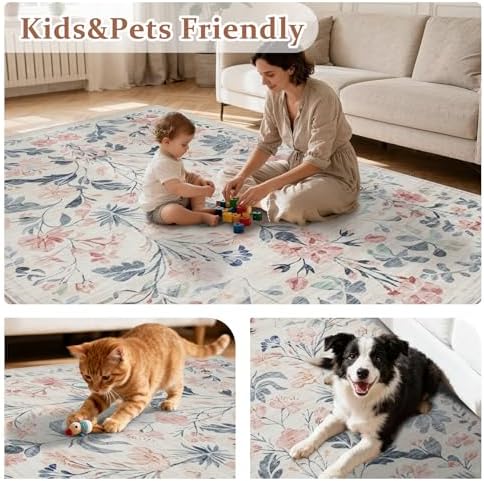 5x7 Area Rugs Boho Floral Washable Living Room Rug Neutral Carpet Nursery - Image 6