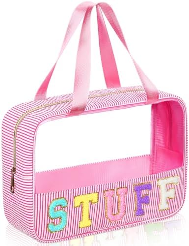 Sanwuta Seersucker Stuff Bag for Travel Clear Chenille Letter Makeup Bag by Sanwuta