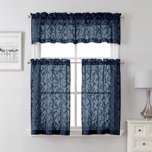 Lecloud Leia Navy Blue Sheer Cafe Curtains 24 Inch Length 2 Pieces, Jacquard - Image 2