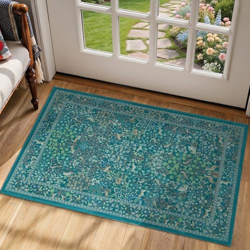 Teal Woodland Animal 2x3 Small Rug Washable Non Slip, Low Pile Thin Kitchen by Jainmy
