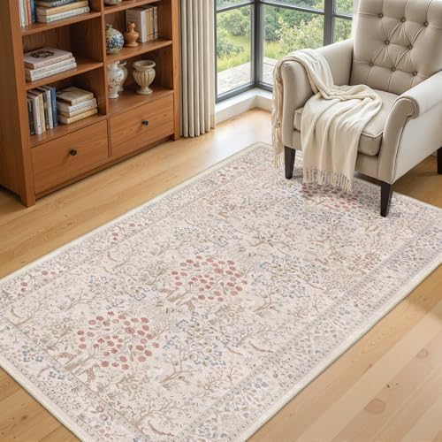 Cream Woodland Area Rugs 3x5, Tree of Life Natural Washable Rug Low Pile Ultra - Image 4