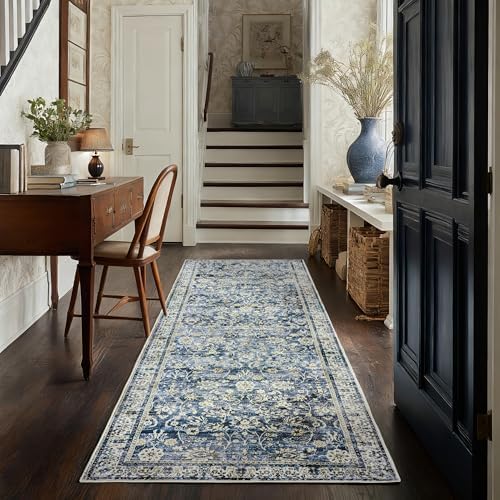 Dark Blue 2x6 Runner Rug for Hallway Low Pile Retro Rugs Non Slip Washable - Image 2