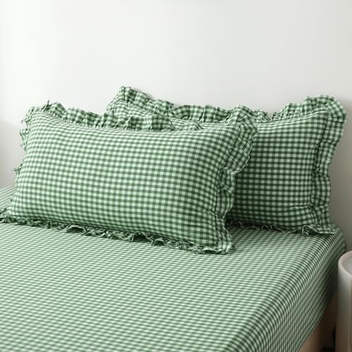2 Pack Christmas Green White Plaid Ruffle Gingham King Size Pillow Shams - Image 3
