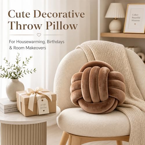 Petrella Knot Pillow, 11 Inch Coffee Round Velvet Throw Pillow Ball Cushion - Image 4