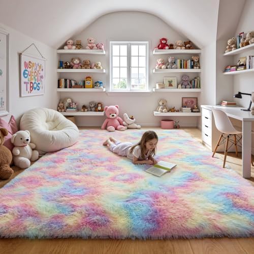 Fluffy Rainbow Large Area Rug 8x10, Soft Washable Shag Carpet by KICHOWUA