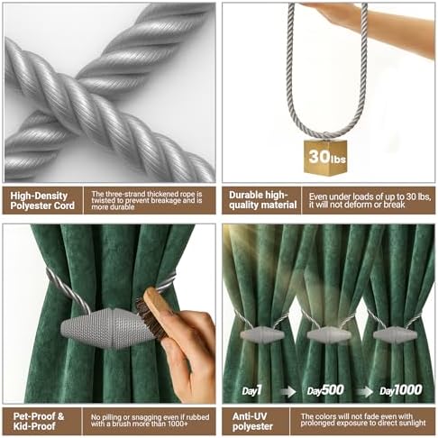 Hion Magnetic Curtain Tiebacks Grey 2pcs, Curtain Holdbacks Hooks Holders - Image 4