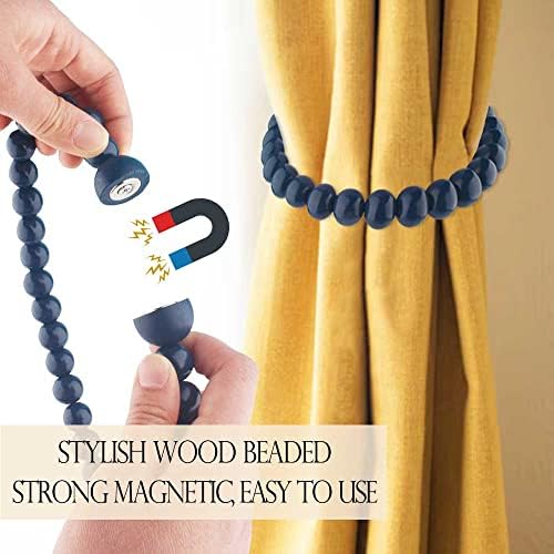 4 Pieces Curtain Tiebacks Magnetic: Boho Curtain Holdbacks Wooden Bead Drape - Image 2