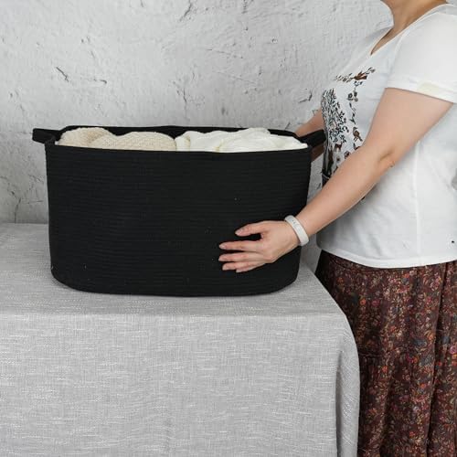 XUANGUO Large Rectangle Woven Cotton Rope Blanket Basket 22"x17"x12" Black - Image 3