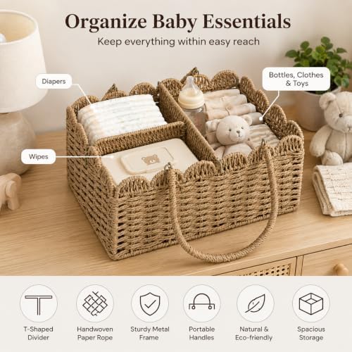 Large Wicker Diaper Caddy Organizer, Scalloped Nursery Basket - Image 5