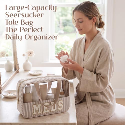 Sanwuta Seersucker Meds Bag Chenille Letter Clear Makeup Bag - Image 5