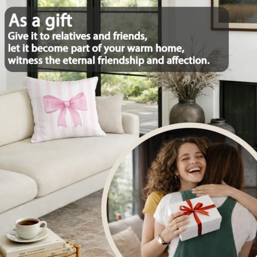 Blush Bow Decorative Throw Pillow 18x18 Inch – Cute Blush Pink Striped Pillow - Image 7