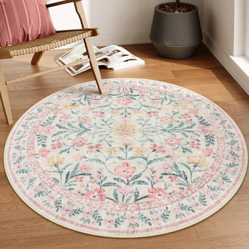 Lahome Sylvie Boho Light Pink Round Rug 4ft, Washable Small Circle Rugs by Lahome