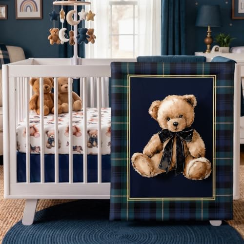 Hahafelt 3 Piece Teddy Bear Tartan Plaid Crib Bedding Set by Hahafelt