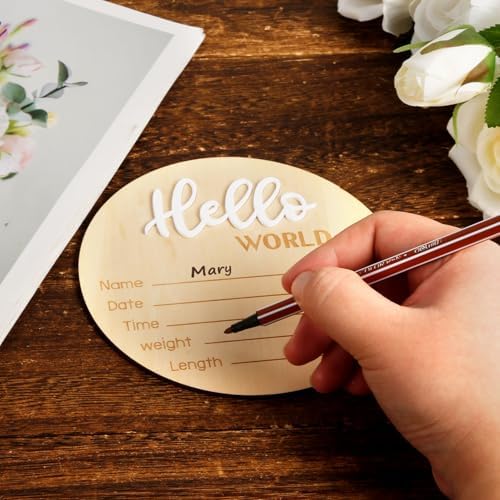 Baby Announcement Sign, Wooden Hello World Newborn Signs Birth Name Sign - Image 4