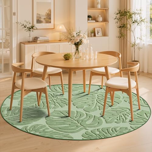 Sage Green Monstera 6x6 Round Area Rugs High-Low Plush Pile Washable - Image 2