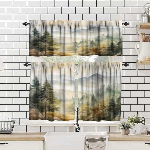 Forest Valance Curtain for Kitchen, Watercolor Mountain Forest Nature Tree - Image 4