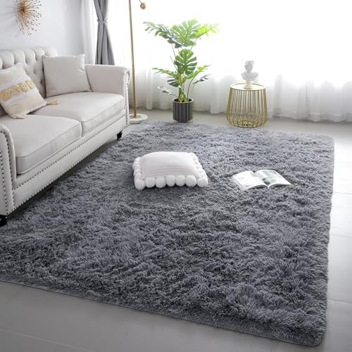 5x7 Grey Shag Rug for Bedroom, Soft Plush Fluffy Washable Carpet by KICHOWUA