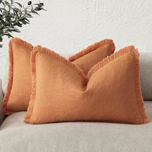 Foindtower Boho Linen Fringe Lumbar Throw Pillow Covers 12×20 Dusty Orange by Foindtower