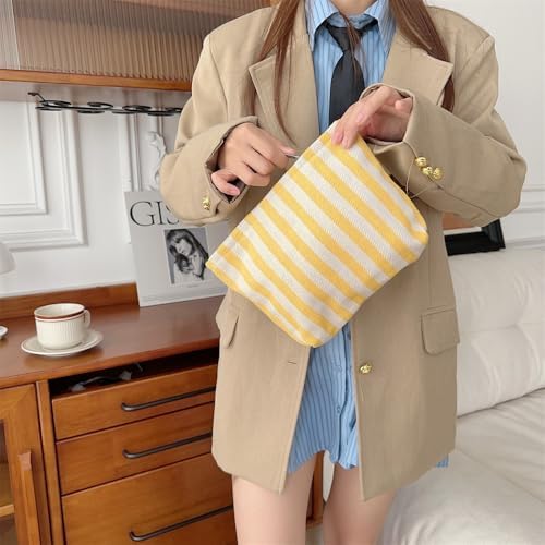 Flat Makeup Bag for Women, Zipper Cosmetic Pouch for Purse, Stripe Yellow - Image 2