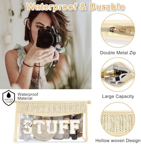 Boho Patch Stuff Bag Clear Makeup Letter Bag, Waterproof Zipper Make up Bags - Image 3