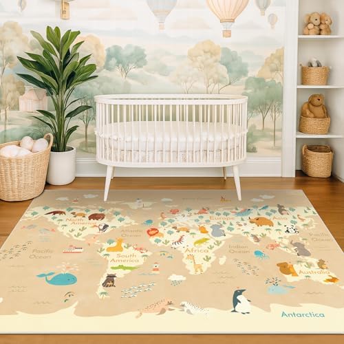 Kids Bedroom Rug with World Map & Animals – 4x6 Educational Washable Area Rug - Image 3